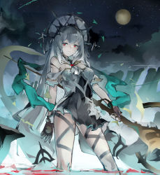 Rule 34 | 1girl, absurdres, arknights, bare shoulders, black dress, black gloves, breasts, cloud, detached collar, dress, feet out of frame, front ponytail, full moon, gloves, gluteal fold, grey dress, highres, holding, holding staff, jumbowhopper, layered dress, long hair, looking at viewer, low-tied long hair, low twintails, medium breasts, moon, official alternate costume, parted lips, red eyes, silver hair, skadi (arknights), skadi the corrupting heart (arknights), skadi the corrupting heart (sublimation) (arknights), skeleton, sky, solo, staff, standing, star (sky), starry sky, strapless, strapless dress, twintails, very long hair, wading, water