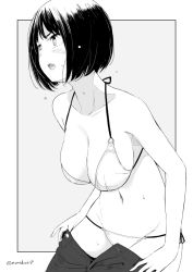Rule 34 | 1girl, bikini, blush, bob cut, breasts, cleavage, greyscale, halterneck, kichihachi, large breasts, looking to the side, monochrome, navel, open mouth, original, outside border, panties, panty pull, pulling own clothes, short hair, side-tie bikini bottom, simple background, solo, stomach, sweat, swimsuit, twitter username, underwear, undressing