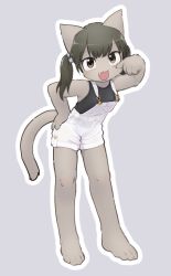 Rule 34 | 1girl, 3yo4yo5yo, :3, akanbe, black hair, child, eyelid pull, fang, female focus, furry, furry female, grey background, grey fur, hair bobbles, hair ornament, highres, leaning forward, looking at viewer, original, overall shorts, overalls, simple background, solo, standing, tongue, tongue out, twintails