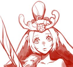 Rule 34 | 1girl, absurdres, antlers, closed mouth, collarbone, flower, hair flower, hair ornament, highres, holding, holding staff, horns, league of legends, lillia (league of legends), long hair, looking at viewer, monochrome, single bare shoulder, solo, spirit blossom lillia, staff, wosashimi