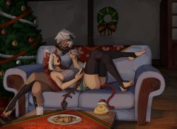 Rule 34 | 2girls, animal ears, au ra, barefoot, bird, black legwear, book, box, chocobo, christmas, christmas tree, cookie, couch, cup, final fantasy, final fantasy xiv, food, gift, gift box, glass, hat, horns, indoors, long hair, lying, lying on person, milk, mug, multicolored hair, multiple girls, open mouth, plate, red eyes, red hair, sandals, santa hat, scales, short hair, smile, sushoartworks, table, tail, white hair, wreath