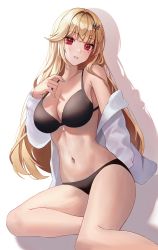 Rule 34 | 1girl, absurdres, bare shoulders, black bra, black panties, blonde hair, bra, breasts, cleavage, commission, cream (cream), crown hair ornament, hand up, highres, large breasts, long hair, long sleeves, looking at viewer, mole, mole under eye, navel, off shoulder, open clothes, open shirt, original, panties, parted lips, poise, red eyes, shadow, shirt, simple background, sitting, solo, stomach, string bra, thighs, underwear, white background, white shirt