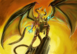 Rule 34 | 1girl, armor, blonde hair, breastless clothes, breasts, breasts apart, claws, demon wings, dragon, dragon girl, dragon wings, electricity, genderswap, genderswap (mtf), glowing, glowing eyes, green eyes, highres, horns, long hair, magic: the gathering, medium breasts, monster girl, nicol bolas, nipples, personification, qblade, sash, scales, solo, spread wings, standing, tail, very long hair, wings