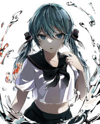 Rule 34 | 1girl, absurdres, aqua eyes, aqua hair, black bow, black bowtie, black hairband, black sailor collar, blue eyes, blue hair, bottle miku, bow, bowtie, commentary, fish, goldfish, green eyes, green skirt, hair between eyes, hair ribbon, hairband, hand up, hatsune miku, highres, liquid hair, long hair, looking at viewer, midriff, navel, open mouth, parted lips, pleated skirt, revebw, ribbon, sailor collar, school uniform, serafuku, shirt, short sleeves, simple background, skirt, solo, stomach, straight-on, summer, twintails, upper body, very long hair, vocaloid, water, white background, white shirt