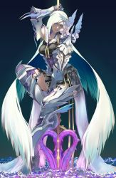 Rule 34 | 1girl, armor, breasts, brynhildr (fate), fate/grand order, fate/prototype, fate/prototype: fragments of blue and silver, fate (series), highres, jikeshi, long hair, looking at viewer, polearm, purple eyes, purple hair, silver hair, solo, spear, thighhighs, very long hair, weapon