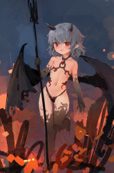 Rule 34 | 1girl, :d, bat wings, black thighhighs, black wings, blue hair, breasts, commentary, english commentary, fang, highres, holding, holding polearm, holding weapon, horns, looking at viewer, navel, open mouth, outdoors, polearm, red eyes, reddizen, remilia scarlet, short hair, small breasts, smile, solo, thighhighs, touhou, trident, weapon, wings