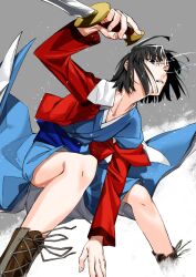 1girl black_hair jacket japanese_clothes kara_no_kyoukai kimono knife red_jacket ryougi_shiki solo