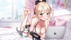 Rule 34 | 1girl, bare shoulders, barefoot, bedroom, blonde hair, blush, bra, bra peek, bra strap, breasts, camisole, cat, cleavage, collarbone, computer, dolphin shorts, feet up, green eyes, highres, indoors, laptop, large breasts, long hair, lying, microphone, mole, mole under eye, on bed, on stomach, open mouth, original, ponytail, product placement, shirosaba, shorts, smile, soles, the pose, toes, tsurime, underwear, window