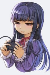 Rule 34 | 10s, 1girl, closed mouth, controller, cropped torso, ears visible through hair, high score girl, holding, holding controller, hungry clicker, long hair, long sleeves, looking at viewer, oono akira, purple eyes, purple hair, simple background, solo, white background