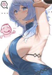 Rule 34 | 1boy, 1girl, absurdres, ako (blue archive), ako (dress) (blue archive), arm up, armpits, backless dress, backless outfit, blue archive, blue dress, blue eyes, blue hair, blush, breasts, closed mouth, commentary, doodle sensei (blue archive), dress, hair between eyes, halo, highres, large breasts, long hair, micchan (micchanmeido), official alternate costume, sensei (blue archive), sideboob, simple background, sleeveless, sleeveless dress, thumbs up, white background