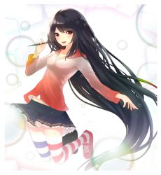 Rule 34 | 1girl, :d, absurdly long hair, absurdres, ariinine, asymmetrical legwear, black hair, heart, heart-shaped pupils, highres, jumping, long hair, looking at viewer, mismatched legwear, open mouth, original, red eyes, skirt, smile, solo, striped clothes, striped legwear, striped thighhighs, symbol-shaped pupils, thighhighs, very long hair
