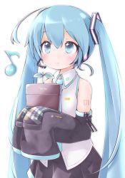 Rule 34 | 1girl, ahoge, akino coto, aqua necktie, bare shoulders, black skirt, black sleeves, blue hair, brown eyes, detached sleeves, eighth note, english text, hair ornament, hatsune miku, headphones, headset, hello planet (vocaloid), light blue hair, light smile, long hair, musical note, necktie, plant, potted plant, sapling, shirt, shoulder tattoo, skirt, sleeveless, sleeveless shirt, sleeves past fingers, sleeves past wrists, solo, tattoo, twintails, very long hair, vocaloid, white background, white shirt