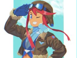 Rule 34 | 1girl, blue eyes, blue gloves, brown jacket, commentary, creatures (company), cropped jacket, eyelashes, floating hair, game freak, gloves, go-lurk, goggles, goggles on headwear, grin, hand up, hat, jacket, nintendo, one eye closed, open clothes, open jacket, pilot, pokemon, pokemon bw, red hair, salute, short hair with long locks, sidelocks, skyla (pokemon), smile, solo, upper body