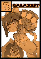 Rule 34 | 1girl, :o, animal ears, animal hands, armor, bent over, black border, blade (galaxist), blush, border, cat, cat ears, cat tail, chestnut mouth, circle cut, claws, crown, flat chest, food, fruit, gloves, hair between eyes, looking at viewer, lowres, midriff, mini crown, monochrome, navel, open mouth, orange (fruit), orange theme, original, outstretched arm, paw gloves, shield, short hair, shoulder pads, simple background, solo, stomach, tail, thigh gap, white background