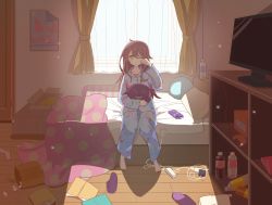 Rule 34 | 1girl, bed, bedroom, bottle, brown hair, commentary request, curtains, highres, husahusa3232, idolmaster, idolmaster shiny colors, indoors, long hair, long sleeves, messy room, monitor, one eye closed, osaki tenka, pajamas, pillow, solo, waking up, window, yellow eyes
