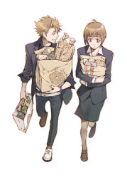 Rule 34 | 1boy, 1girl, ahoge, bag, baguette, belt, black jacket, black pants, black skirt, bottle, bread, brown footwear, can, canned food, closed mouth, collared jacket, english text, food, grin, grocery bag, hitaki (tempo), holding, holding bag, jacket, kagari shuusei, light brown hair, loafers, long sleeves, looking at another, looking to the side, pants, psycho-pass, shoes, shopping bag, short hair, simple background, skirt, smile, sneakers, tsunemori akane, walking, white background, white belt, white footwear