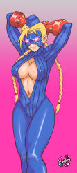 Rule 34 | 1990s (style), 1girl, antenna hair, arms behind head, arms up, braid, breasts, capcom, center opening, cleavage, covered erect nipples, decapre, garrison cap, glowing, glowing eyes, hat, highres, hori shin, large breasts, leotard, long hair, mask, no bra, pantyhose, red eyes, retro artstyle, ribbed leotard, scar, shoulder pads, smile, solo, standing, street fighter, street fighter zero (series), twin braids