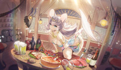 Rule 34 | 1girl, :d, alcohol, animal ears, armlet, barrel, beef, beer, billboard, blue eyes, bottle, bracelet, breasts, coin, coin purse, commentary request, dancer, fantasy, food, highres, indoors, jewelry, knife, lantern, long hair, looking at viewer, mole, mole on breast, mouse ears, necklace, open mouth, original, pie, potion, sapysha, silver hair, smile, solo, table, teeth, upper teeth only, vial
