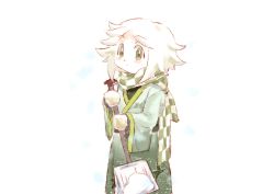 Rule 34 | 1other, alternate eye color, androgynous, checkered clothes, checkered scarf, closed mouth, green eyes, green kimono, highres, holding, houlen yabusame, japanese clothes, kimono, len&#039;en, long sleeves, mittens, pale skin, scarf, shiluodejiyi237, short hair, shovel, simple background, snow shovel, solo, white background, white hair, white mittens