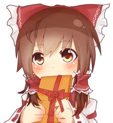 Rule 34 | 1girl, blush, bow, box, brown eyes, brown hair, female focus, gift, gift box, hair bow, hair tubes, hakurei reimu, perfect cherry blossom, scarf, simple background, solo, tosura-ayato, touhou, upper body, white background