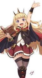 Rule 34 | 10s, 1girl, arm up, blonde hair, book, boots, bracelet, cagliostro (granblue fantasy), cape, crown, gauntlets, granblue fantasy, grey thighhighs, jewelry, knee boots, long hair, looking at viewer, open book, open mouth, purple eyes, shift (waage), shirt, skirt, smile, solo, thighhighs, thighs, very long hair, vest, zettai ryouiki