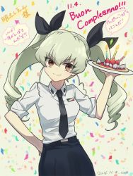 Rule 34 | 10s, 1girl, 2016, akitsuchi shien, anchovy (girls und panzer), anchovy (girls und panzer), bad id, bad twitter id, black necktie, black ribbon, blouse, breasts, brown eyes, confetti, dated, drill hair, food, fruit, girls und panzer, green hair, hair ribbon, hand on own hip, happy birthday, head tilt, italian text, medium breasts, necktie, orange eyes, plate, ribbon, shirt, sleeves rolled up, smile, solo, standing, strawberry, translation request, twintails, uniform, white shirt