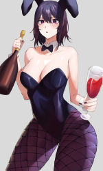 Rule 34 | 1girl, absurdres, alcohol, animal ears, bare shoulders, black hair, blush, bottle, bow, bowtie, breasts, cleavage, detached collar, feet out of frame, fingernails, fishnets, glass, grey background, hair between eyes, hands up, highres, holding, holding bottle, large breasts, leotard, looking at viewer, nail polish, open mouth, original, playboy bunny, purple eyes, rabbit ears, rororo, short hair, simple background, sleeveless, solo, standing, wine