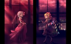 Rule 34 | 2girls, adapted costume, backless dress, backless outfit, bad id, bad pixiv id, bare shoulders, bat wings, blonde hair, blue hair, bustier, dress, elbow gloves, flandre scarlet, gloves, glowing, glowing wings, hair ribbon, high heels, highres, layered dress, looking at viewer, minust, moonlight, multiple girls, night, night sky, open mouth, red dress, red eyes, red footwear, red ribbon, red sky, remilia scarlet, ribbon, sash, scarlet devil mansion, shoes, short hair, side ponytail, skirt hold, sky, star (sky), strapless, strapless dress, touhou, wings