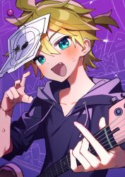 Rule 34 | 1boy, absurdres, aqua eyes, aruminsuko, blonde hair, commentary, electric guitar, fang, flying sweatdrops, guitar, highres, holding, holding instrument, hood, hoodie, instrument, kagamine len, looking at viewer, roki (vocaloid), short hair, smile, solo, sparkle, sweatdrop, vocaloid