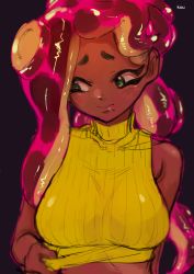 Rule 34 | 1girl, alternate costume, black background, breasts, crop top, dark-skinned female, dark skin, green eyes, highres, holding, holding clothes, holding shirt, kou9738570, large breasts, long hair, looking away, marina (splatoon), mole, mole under mouth, nintendo, octoling, pink hair, shirt, signature, simple background, sleeveless, sleeveless shirt, solo, splatoon (series), splatoon 2, suction cups, tentacle hair, upper body, yellow shirt