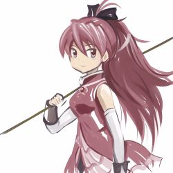 Rule 34 | 1girl, ahoge, arm warmers, bow, bracer, brown eyes, carrying over shoulder, commentary request, hair between eyes, hair bow, highres, inoue kousei, long hair, looking at viewer, mahou shoujo madoka magica, mahou shoujo madoka magica (anime), ponytail, red hair, sakura kyoko, skirt, sleeveless, solo, upper body, white background