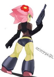 Rule 34 | 1girl, ario, ass, blue eyes, claws, colored skin, floran, flower, from behind, green skin, gun, hair flower, hair ornament, holding, holding gun, holding weapon, kneepits, looking back, monster girl, pink hair, plant girl, romaji text, short hair, simple background, solo, standing, starbound, weapon