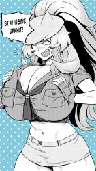 Rule 34 | 1girl, barghest (fate), barghest (swimsuit archer) (fate), beret, breasts, breasts squeezed together, cleavage, commentary, english commentary, english text, fate/grand order, fate (series), fingerless gloves, gloves, hat, high ponytail, highres, huge breasts, long hair, midriff, miniskirt, muscular, muscular female, navel, neckerchief, open mouth, pocket, scout uniform, shinsaku (stan-art), short sleeves, simple background, skirt, solo, squishing