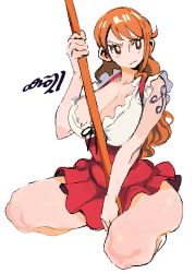 Rule 34 | 1girl, absurdres, breasts, brown eyes, cleavage, highres, large breasts, long hair, nami (one piece), nami (one piece) (whole cake island), one piece, orange hair, simple background, sitting, solo, thick thighs, thighs, white background
