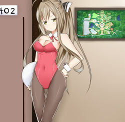 Rule 34 | 10s, 1girl, amagi brilliant park, animal ears, blonde hair, breasts, cameltoe, cleavage, collar, cuffs, fake animal ears, hand on own hip, highres, large breasts, long hair, necktie, pantyhose, playboy bunny, ponytail, rabbit ears, rabbit tail, ribbon, sento isuzu, solo, standing, tail, tray, wide hips, yellow eyes