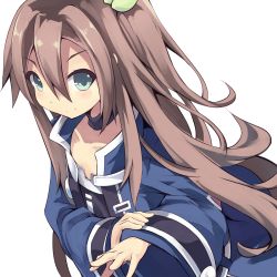 Rule 34 | 1girl, blush, bow, brown hair, green eyes, hair between eyes, hair bow, hair ornament, highres, if (neptunia), jacket, long hair, looking at viewer, neptune (series), normaland, ribbon, sleeves past wrists, smile, solo