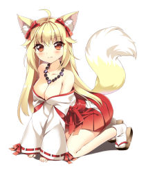Rule 34 | 1girl, ahoge, animal ears, bad id, bad pixiv id, beads, blonde hair, blush, breasts, brown eyes, cleavage, fox ears, fox tail, full body, hair ribbon, japanese clothes, jewelry, kneeling, looking at viewer, magatama, medium breasts, miko, necklace, off shoulder, original, prayer beads, ribbon, sandals, simple background, sleeves past wrists, smile, solo, tail, vanilla (shade)