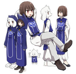 Rule 34 | 1boy, 1other, arm at side, arms at sides, arms behind back, asriel dreemurr, barefoot, belt, black belt, black footwear, blue dress, blush, brown footwear, brown hair, capelet, chara (undertale), closed mouth, commentary request, crossed legs, dress, full body, furry, furry male, goat boy, hand on own hip, heart, heart necklace, hood, hood up, hooded capelet, jewelry, leftporygon, long dress, long sleeves, looking ahead, looking at another, looking at viewer, multiple views, necklace, no socks, open mouth, orange eyes, pants, red eyes, short hair, smile, standing, turtleneck, undertale, white background, white fur, white pants, white tail