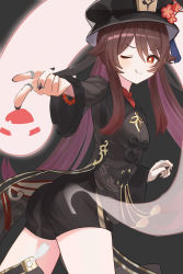 Rule 34 | 1girl, absurdres, artist request, ass, black nails, black shorts, breasts, brown hair, chinese clothes, coattails, from behind, genshin impact, ghost, hat, hat ornament, highres, hu tao (genshin impact), kurikurioekaki, long hair, looking at viewer, nail polish, one eye closed, red eyes, short shorts, shorts, small breasts, smile, solo, twintails, very long hair, wink