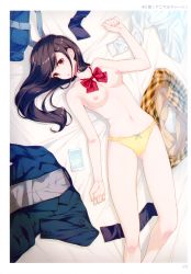 Rule 34 | 1girl, 40hara, :o, absurdres, artist name, bag, bed, bed sheet, black jacket, black legwear, border, bow, bowtie, breasts, brown eyes, brown hair, cellphone, collarbone, duffel bag, feet out of frame, from above, gluteal fold, head tilt, highres, huge filesize, jacket, unworn jacket, long hair, looking at viewer, lying, medium breasts, navel, nipples, on back, on bed, page number, panties, parted lips, phone, plaid, plaid skirt, red bow, red bowtie, scan, shirt, unworn shirt, skirt, unworn skirt, smartphone, solo, stomach, unworn thighhighs, topless, toranoana, underwear, underwear only, white border, white shirt, yellow panties, yellow skirt