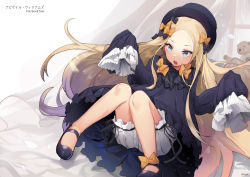 Rule 34 | 1girl, :o, abigail williams (fate), artist name, bare legs, black bow, black dress, blonde hair, bloomers, blue eyes, bow, bug, butterfly, copyright name, curtains, dress, english text, fate/grand order, fate (series), floating hair, footwear bow, frilled sleeves, frills, hair bow, hands in opposite sleeves, hands up, has bad revision, has downscaled revision, hat, insect, jehyun, knees together feet apart, long hair, long sleeves, mary janes, md5 mismatch, on bed, open mouth, orange bow, parted bangs, pillow, polka dot, polka dot bow, resolution mismatch, ribbed dress, ribbon, ribbon-trimmed sleeves, ribbon trim, shoes, sitting, solo, source smaller, stuffed animal, stuffed toy, surprised, teddy bear, teeth, top hat, tsurime, underwear, very long hair, white bloomers, window