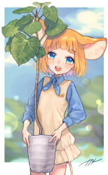 Rule 34 | 1girl, absurdres, animal ears, blue eyes, blunt bangs, blurry, blurry background, blush, bokeh, collared shirt, cowboy shot, depth of field, dress, highres, holding, holding plant, indie virtual youtuber, long sleeves, looking at viewer, mouse ears, mouse girl, mouse tail, naname (7name), neckerchief, open mouth, orange hair, original, pinafore dress, plant, potted plant, shirt, short dress, short hair, sleeveless, sleeveless dress, smile, solo, tail, thick eyebrows, virtual youtuber
