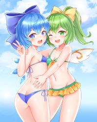 Rule 34 | 2girls, :d, ass, bare arms, bare shoulders, bikini, blue bikini, blue bow, blue eyes, blue hair, blue sky, blush, bow, breasts, butt crack, cirno, cloud, cowboy shot, daiyousei, day, fairy wings, from behind, green bikini, groin, hair between eyes, hair bow, hand up, highres, looking back, multiple girls, navel, open mouth, outdoors, ribbon, short hair, side-tie bikini bottom, sky, small breasts, smile, standing, stomach, swimsuit, thighs, touhou, v, wings, yangshangshu, yellow bow, yellow ribbon
