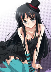 Rule 34 | 00s, 1girl, akiyama mio, bare shoulders, black eyes, black hair, blunt bangs, blush, breasts, breasts squeezed together, cleavage, don&#039;t say &quot;lazy&quot;, dress, facepaint, fingerless gloves, gloves, hat, hime cut, izumi mahiru, k-on!, long hair, mini hat, mini top hat, solo, strapless, strapless dress, thighhighs, top hat