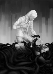 Rule 34 | siblings, albert wesker, alex wesker, black nail polish, clothed female nude male, greyscale, highres, madbedlam, monochrome, nude, resident evil, resident evil: revelations 2, wounds