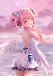 Rule 34 | 1girl, :o, angel wings, back, bare arms, black scrunchie, blue archive, blue bow, blush, bow, cloud, cloudy sky, commentary, cross, double bun, dress swimsuit, feathered wings, flower, frilled ribbon, frills, hair bun, hair flower, hair intakes, hair ornament, hair ribbon, hair scrunchie, halo, hand in own hair, highres, looking at viewer, looking back, low wings, mika (blue archive), one-piece swimsuit, open mouth, outdoors, pink hair, pink halo, pink sky, purple flower, ribbon, scrunchie, sky, solo, star (sky), starry sky, starry sky print, swimsuit, thighs, water, weri, white one-piece swimsuit, white ribbon, white wings, wing ornament, wings, yellow eyes
