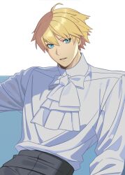 Rule 34 | 1boy, aqua eyes, ark1478, ascot, bishounen, blonde hair, guilty gear, guilty gear strive, highres, ky kiske, long sleeves, looking at viewer, male focus, parted lips, shirt, short hair, simple background, white ascot, white shirt