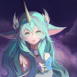 Rule 34 | 1girl, animal ears, bare shoulders, closed mouth, elbow gloves, gem, gloves, gradient background, green eyes, green hair, horns, league of legends, leotard, long hair, looking at viewer, official alternate costume, pointy ears, purple background, saikayo, single horn, smile, solo, soraka (league of legends), star (symbol), star guardian (league of legends), star guardian soraka