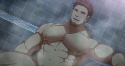 Rule 34 | 1boy, abs, bara, biceps, brown hair, completely nude, cropped, facial hair, feet out of frame, goatee, hair slicked back, highres, large pectorals, long sideburns, looking at viewer, male focus, mature male, muscular, muscular male, navel, nipples, nude, open mouth, original, oro9, out-of-frame censoring, outstretched arm, paid reward available, pectorals, short hair, shower (place), sideburns, solo, steam, stomach, stubble, sweat, thick eyebrows, thick thighs, thighs