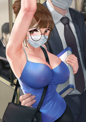 Rule 34 | 1boy, 1girl, absurdres, arm up, armpits, bag, between breasts, blue camisole, book, breasts, brown eyes, brown hair, camisole, chikan, cleavage, collarbone, commentary request, covered erect nipples, eyelashes, eyeliner, formal, furrowed brow, glasses, hair bun, handbag, highres, holding, holding book, large breasts, makeup, mask, mouth mask, mute (mute89539160), necktie, nervous, no bra, original, salaryman, single hair bun, skindentation, spaghetti strap, strap between breasts, suit, torso grab, train interior, upper body